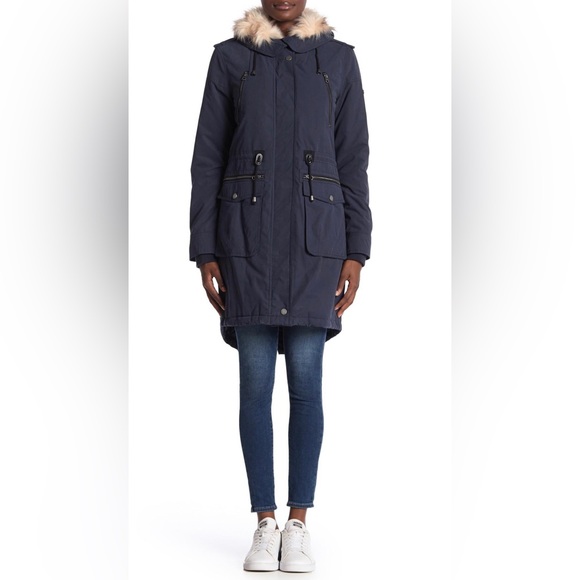 NWT - Lucky Brand Twill Hooded Parka with Faux Fur Trim - Navy - Size XS - Picture 2 of 6